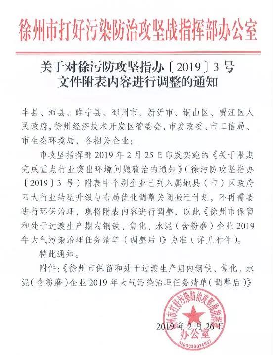 《徐州處于保留和過渡期內(nèi)鋼鐵、水泥、焦化企業(yè)2019年大氣污染治理任務(wù)清單》